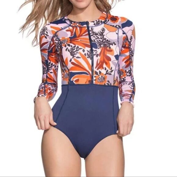 Anthropologie Maaji L Reversible Indigo Front Zip Long Sleeve Rashguard Swimsuit - Picture 9 of 17